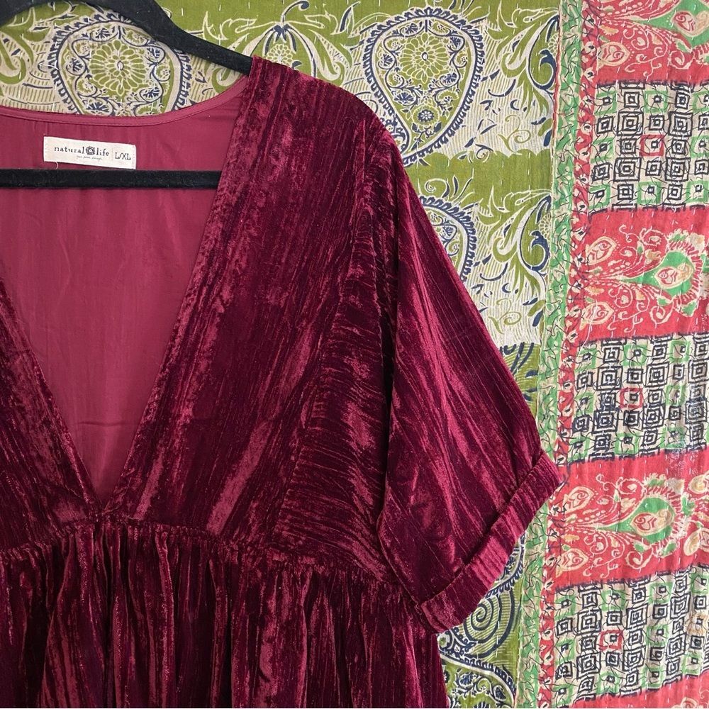 Natural Life Maroon Stella V-Neckline Crushed Velvet Boho Mini Dress Size Large - Picture 3 of 14
